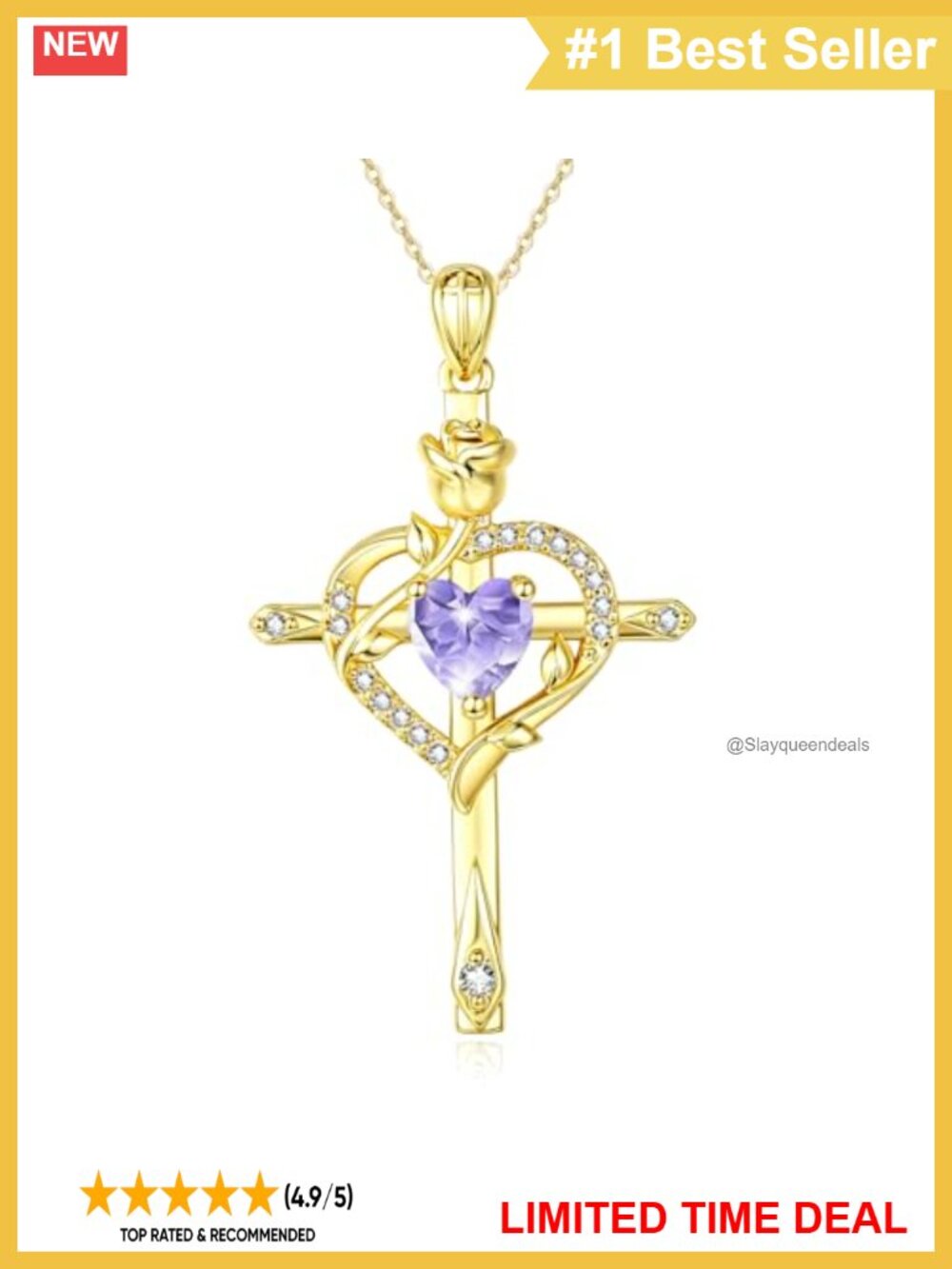 18K Gold Plated Cross Necklace Garnet Rose Pendant Women